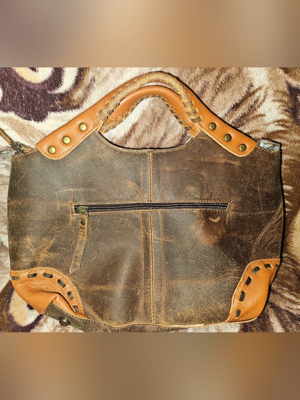 Cowhide Black and White Tote with Tan Leather Trim - Picture 2 of 4